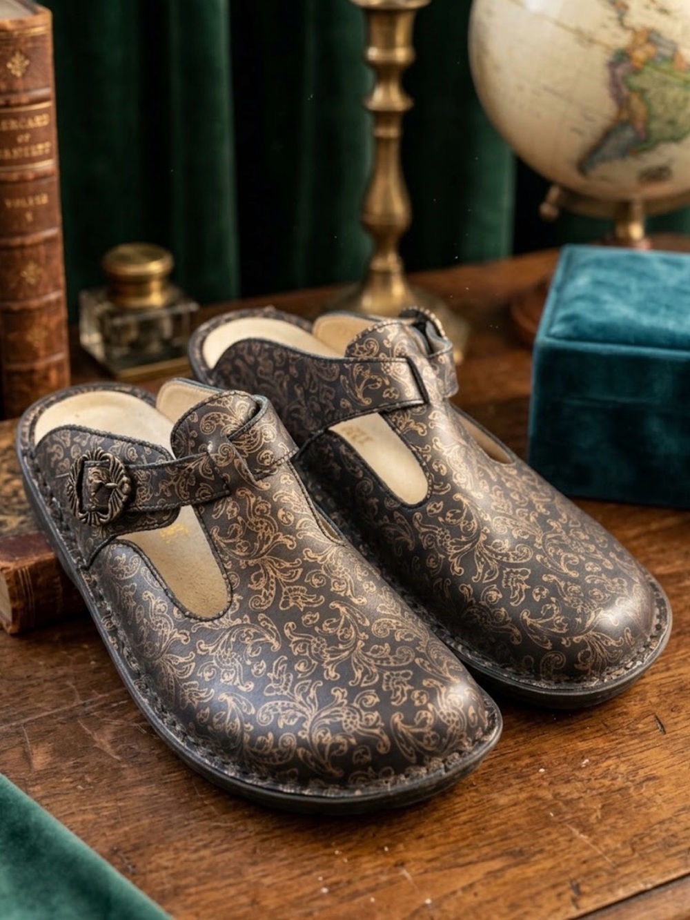 Alegria Brown Gold-Scroll Clogs with Decorative Buckle